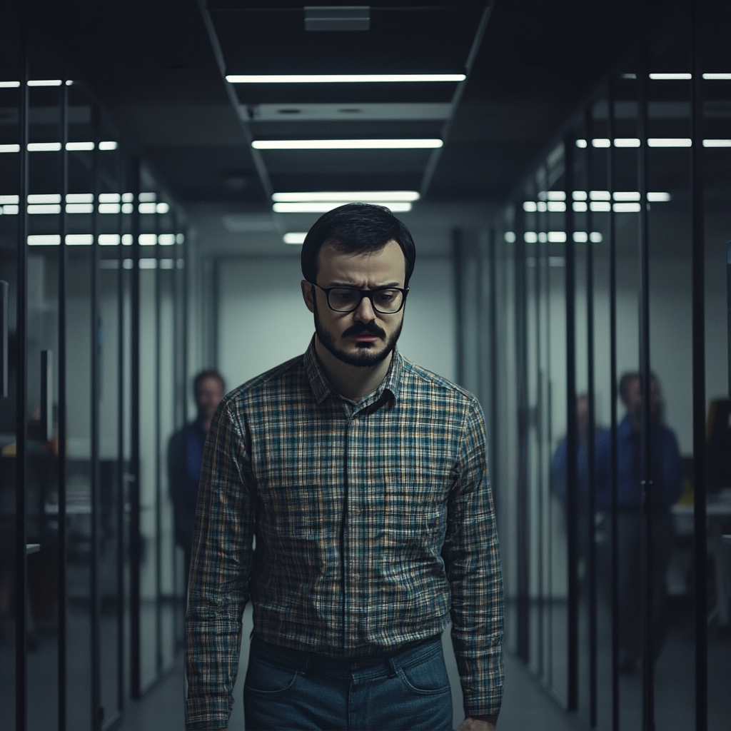 Man in the middle of a hallway with his head down.