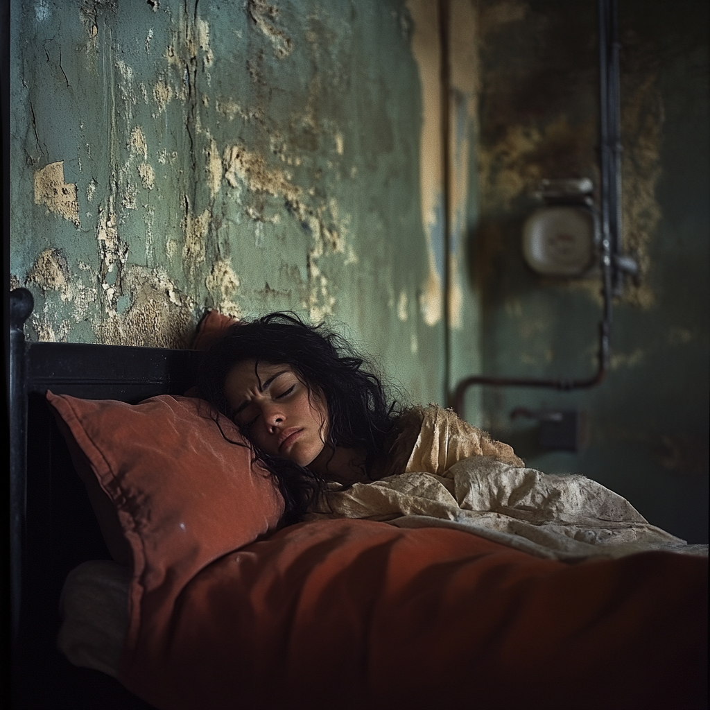 Girl with curly hair sleeping in bed stacked against a dilapidated wall.