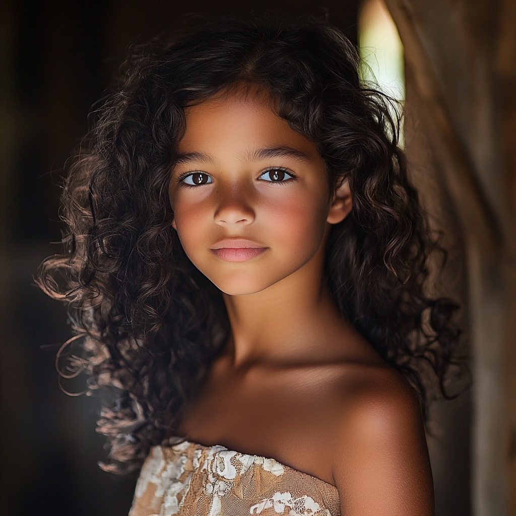Young girl with long curly hair cascading over her shoulders.