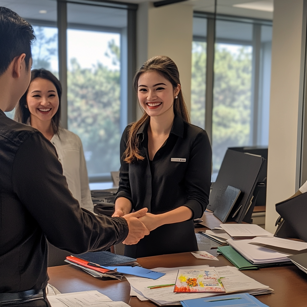 A woman happily shaking hands with clients.