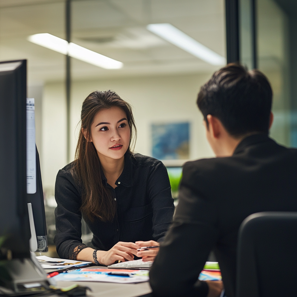 A woman with black hair speaking with a man in an office.