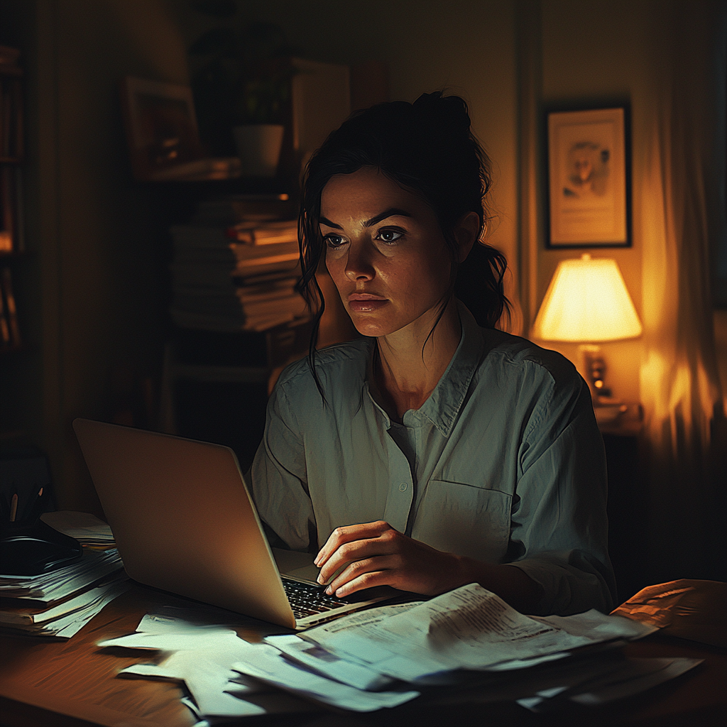 Determined mom doing research at her computer at night.