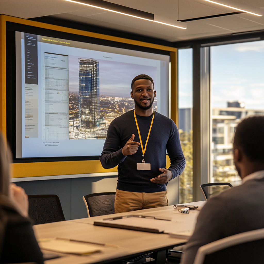 Man presenting a report in front of a projector screen at a business meeting.