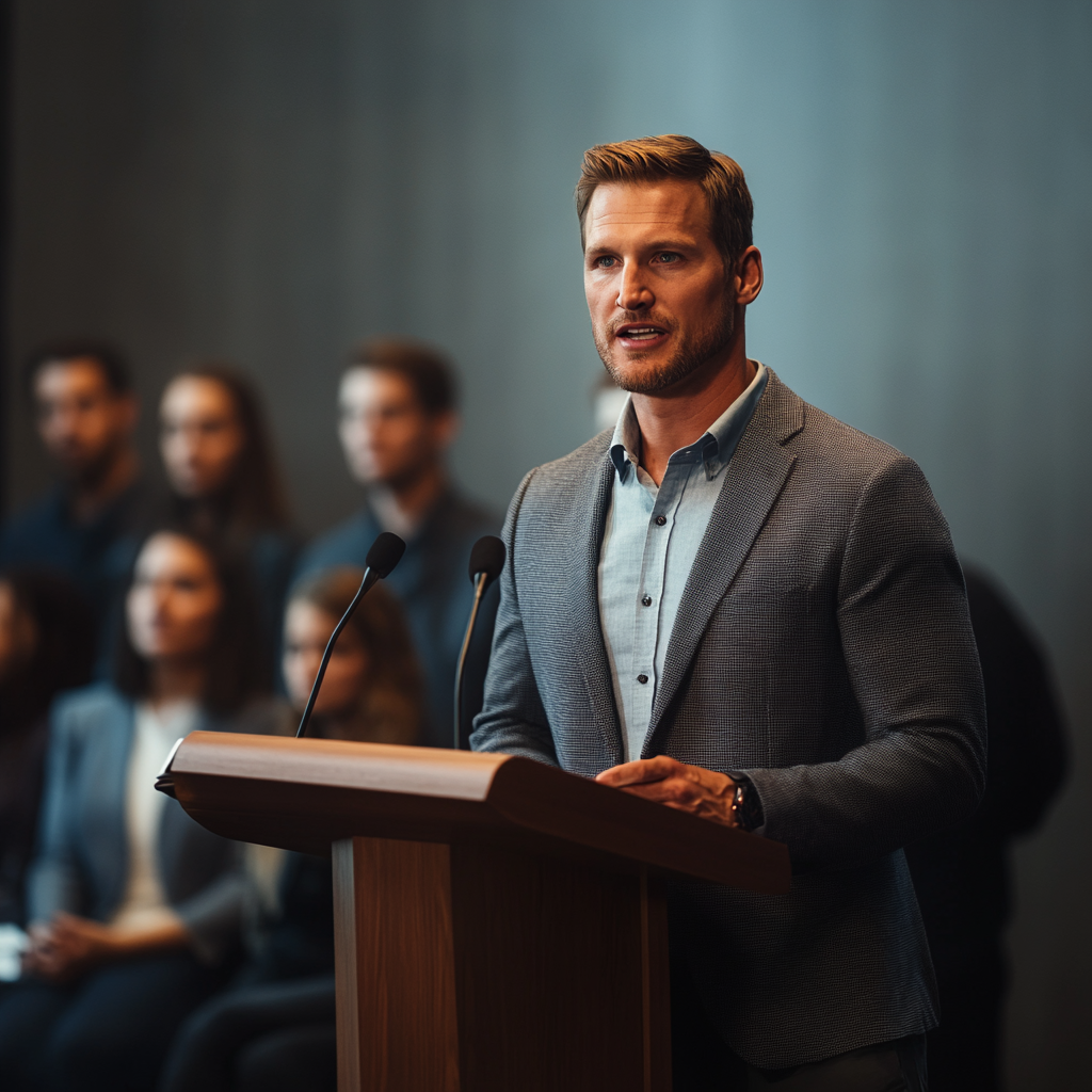 Man in a grey suit speaking at a podium.