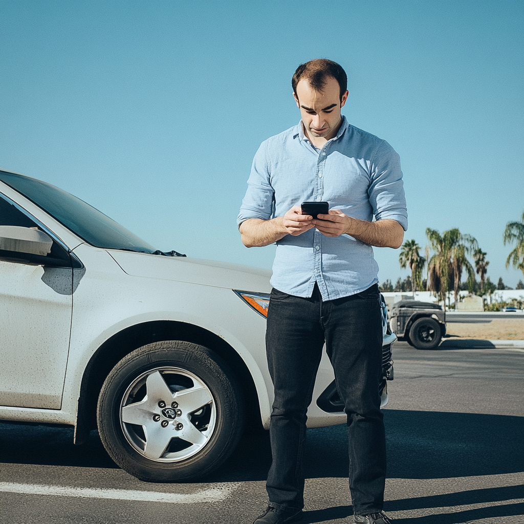 Man looking down and typing on his phone with a parked car behind him.