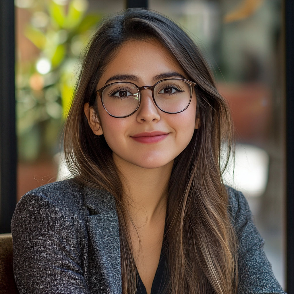 Woman with dark brown hair wearing black-rimmed glasses.