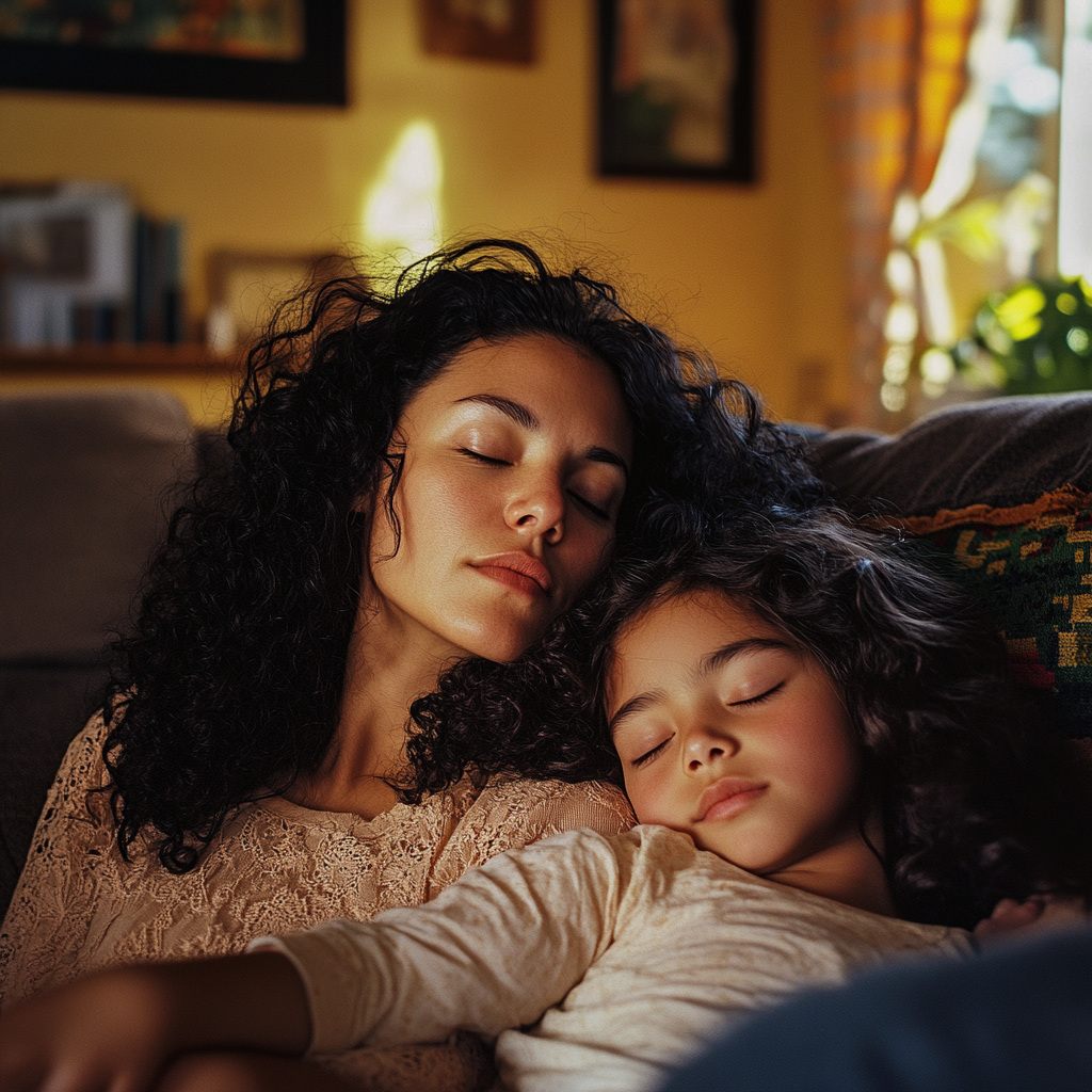 Mom and daughter sleeping with their heads leaned against each other.