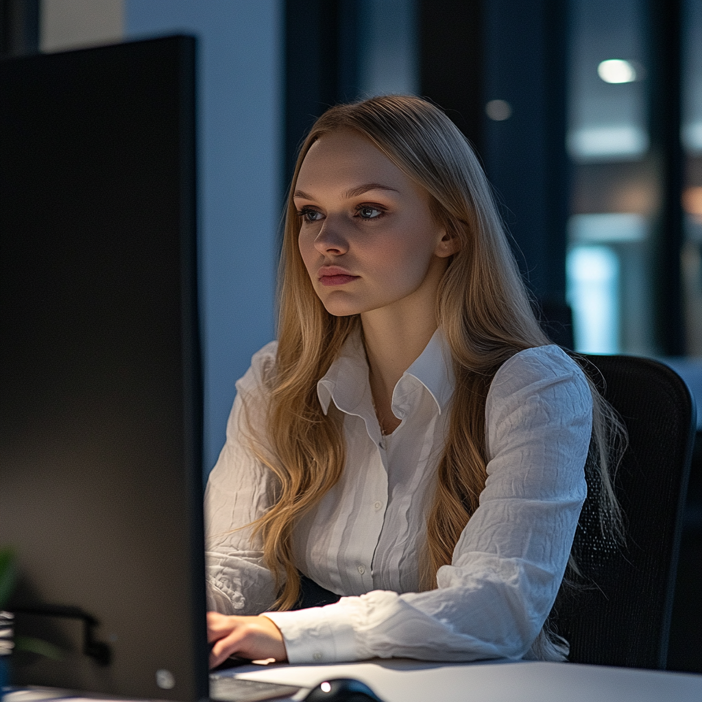 A blond woman typing in front of a computer.