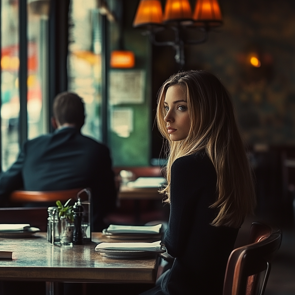 Blonde woman sitting at table in a restaurant.