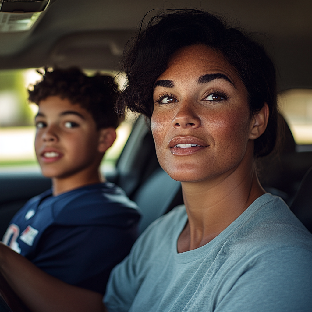 Happy mother and son driving in the car after a football game. 