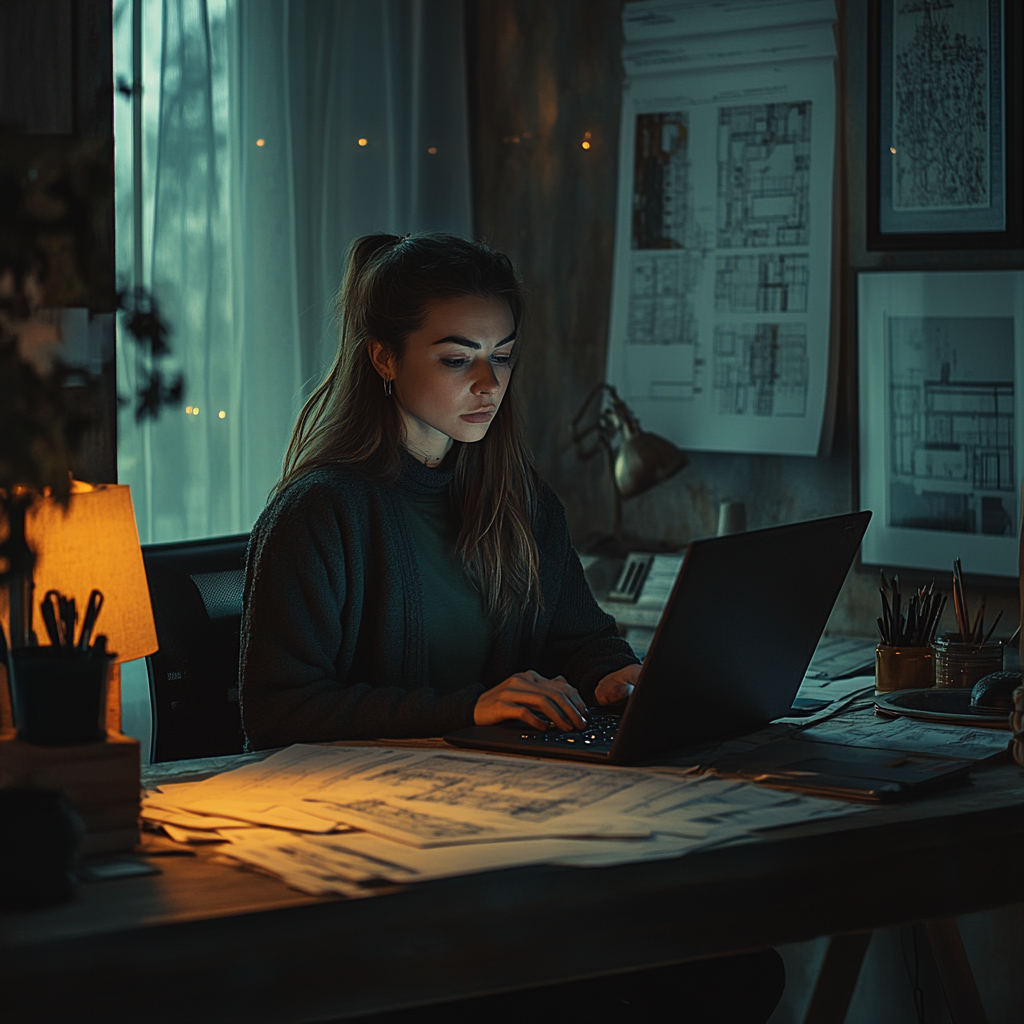 Woman in a dark room typing something in a laptop.