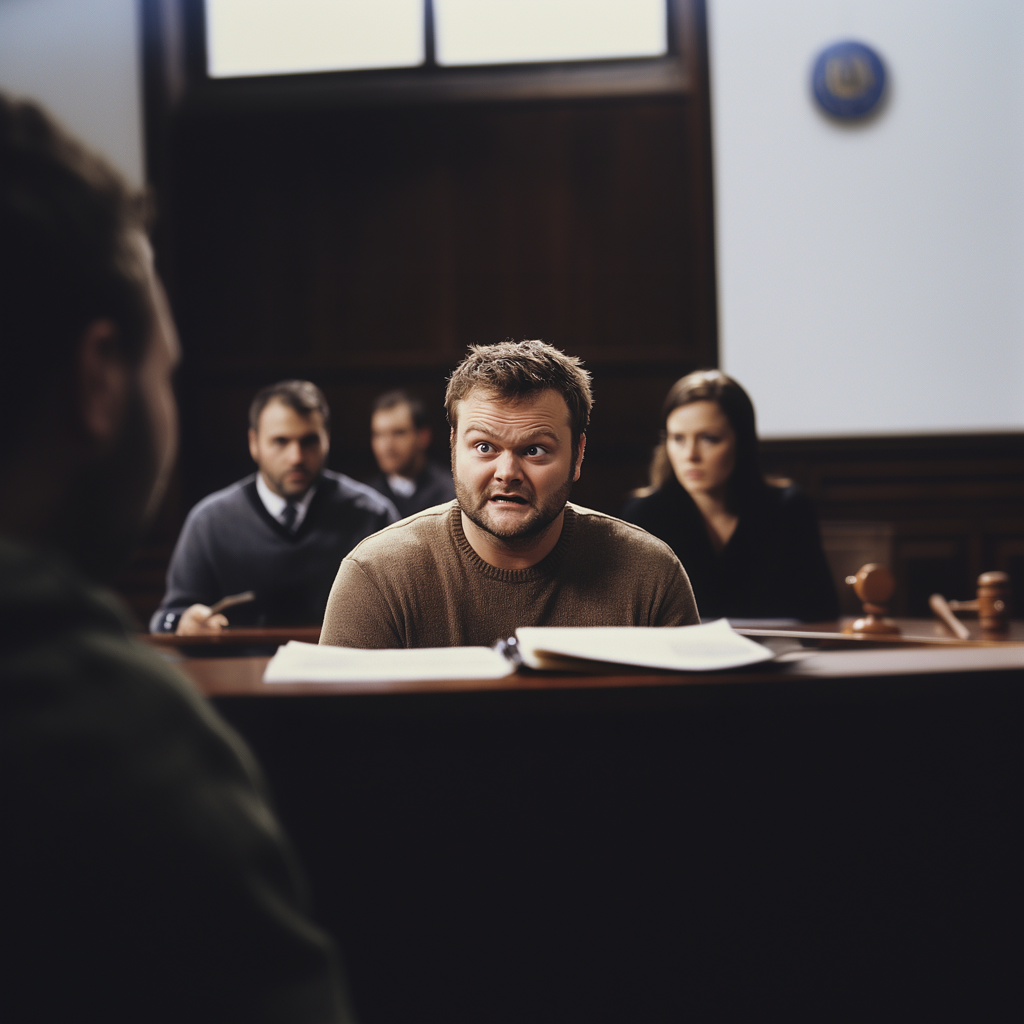 Agitated man in a courtroom talking to a judge.