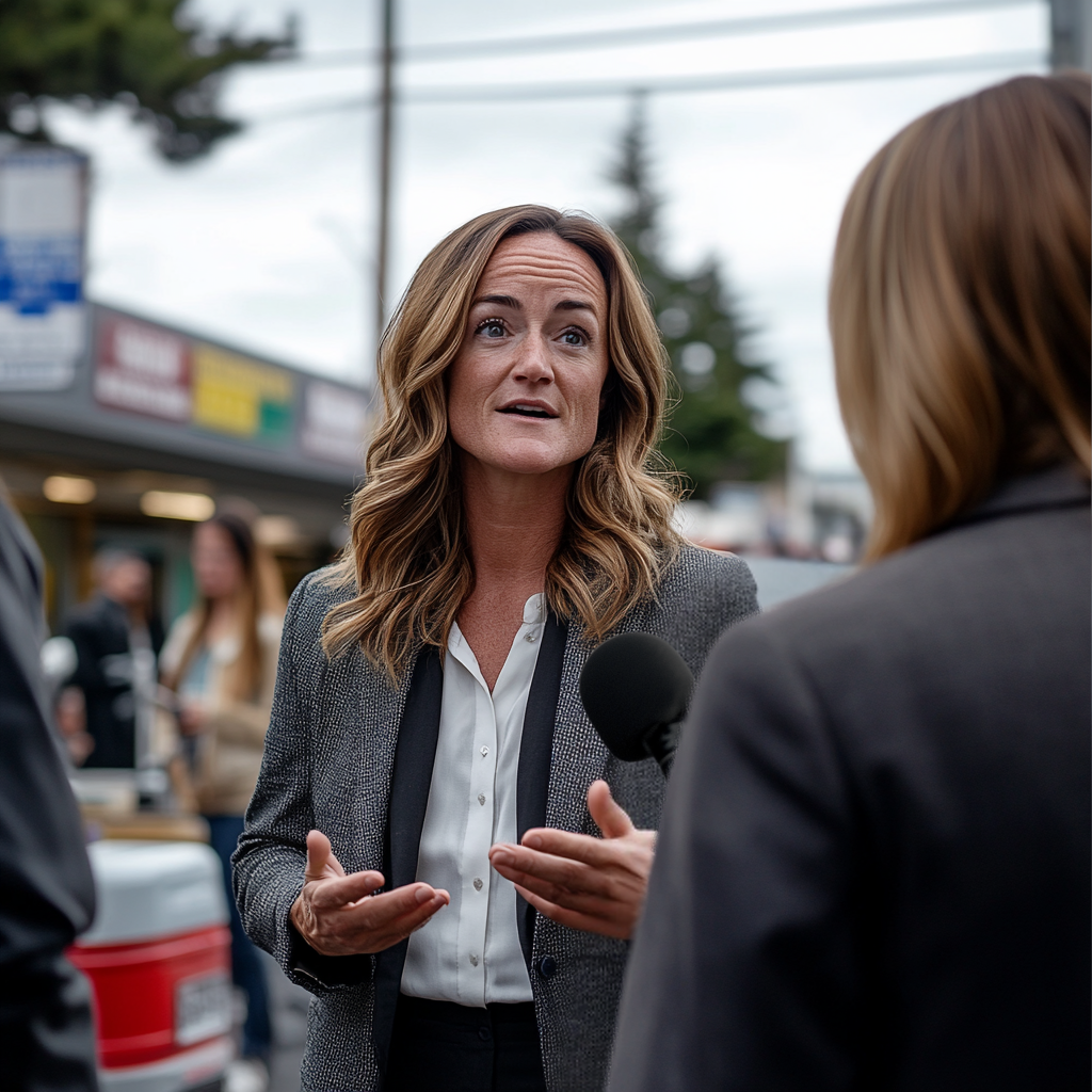 A woman in a suit speaking to a reporter.