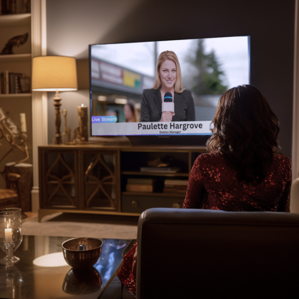 A woman watching news on TV showing the name Paulette Hargrove on screen.