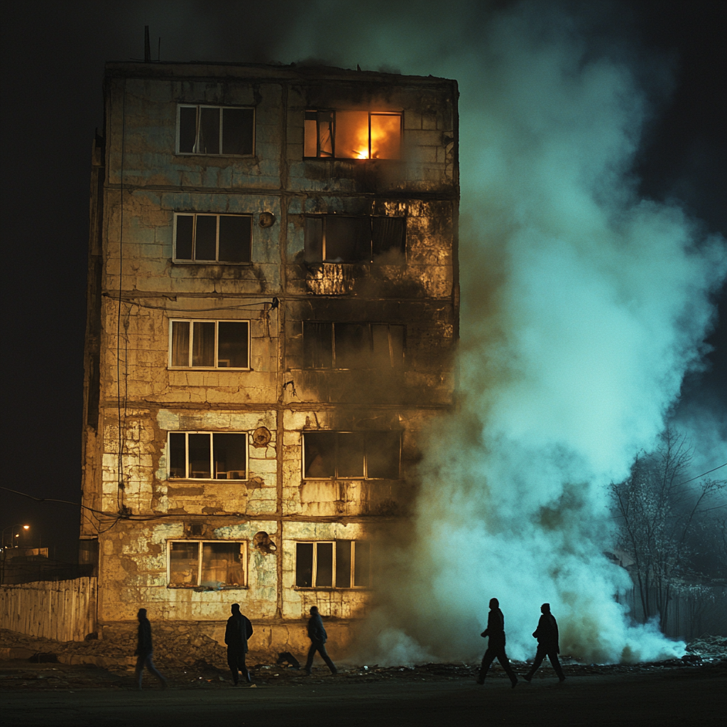 A rundown apartment building on fire with a thick billow of smoke.