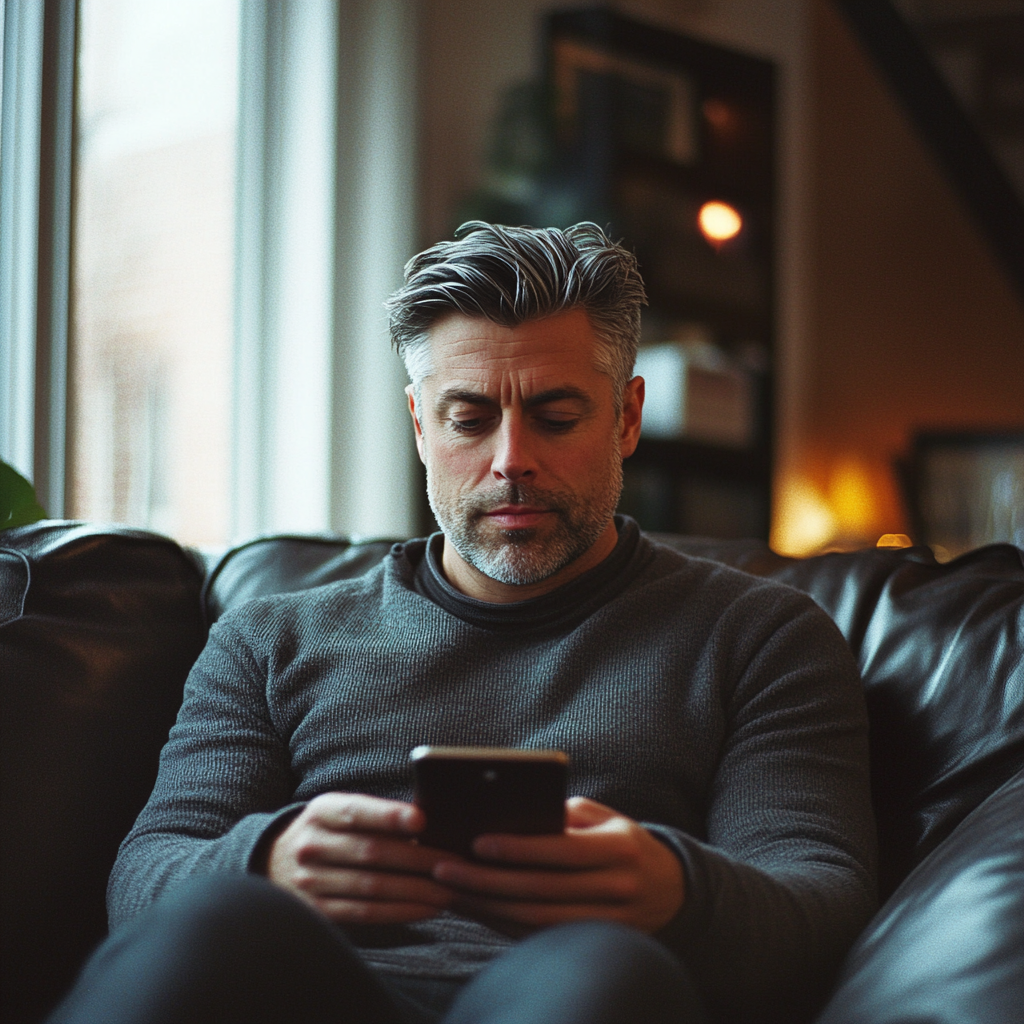 Man sitting on a couch while scrolling on his phone.