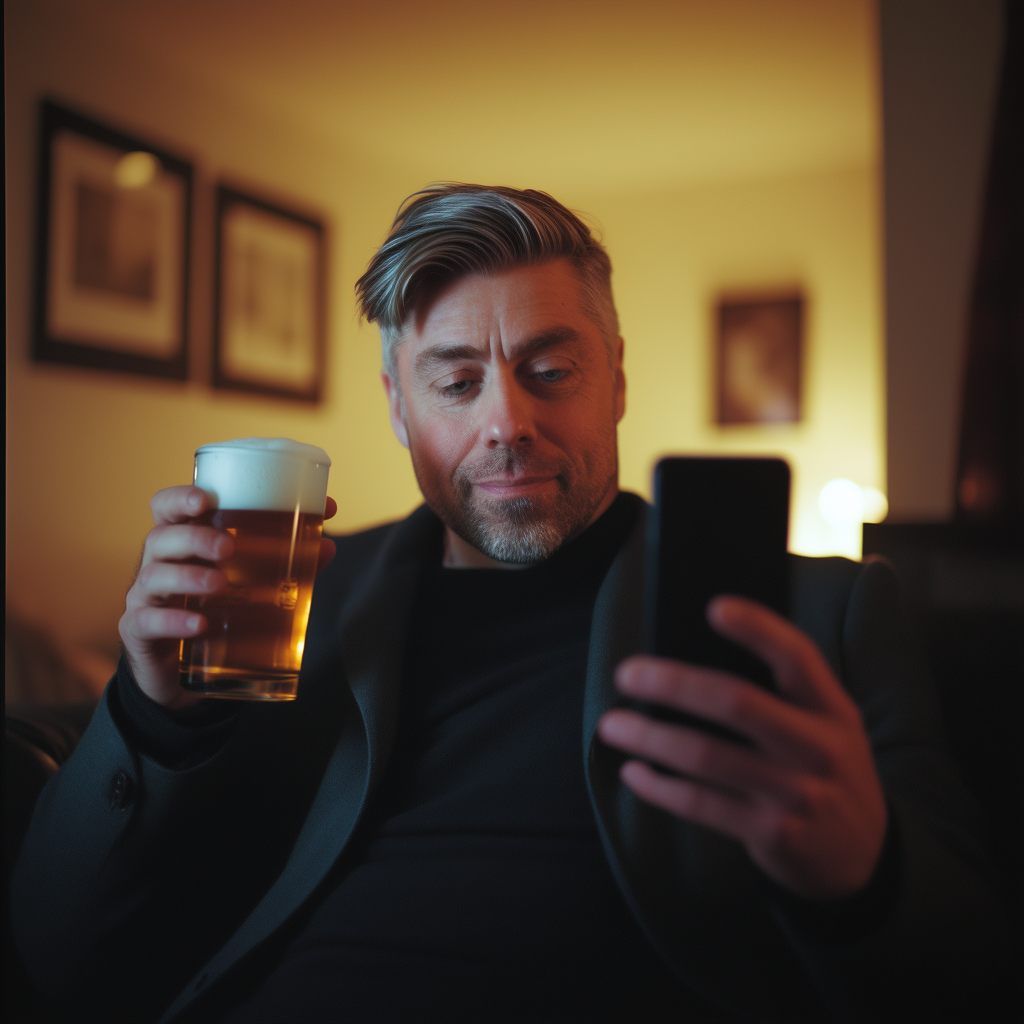 Man siting inside a room holding a beer on one hand while he looks at his phone on the other with a small smile on his face.