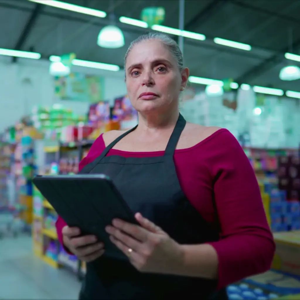 Woman wearing an apron and holding a clipboard in the middle of a supermarket.