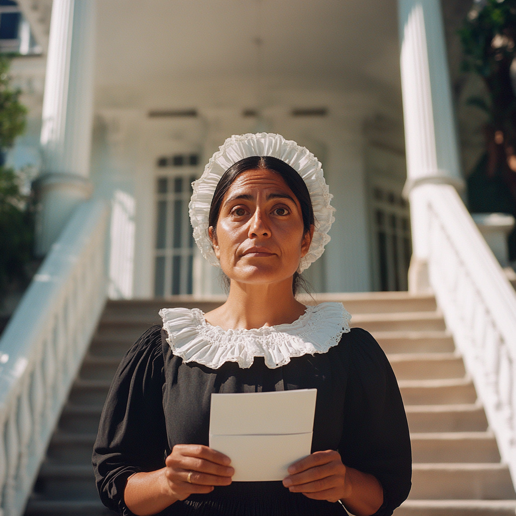 A housekeeper holding a letter in front of a building.
