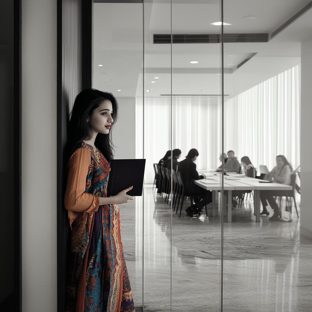 Woman standing near a glass wall with a meeting in progress inside.