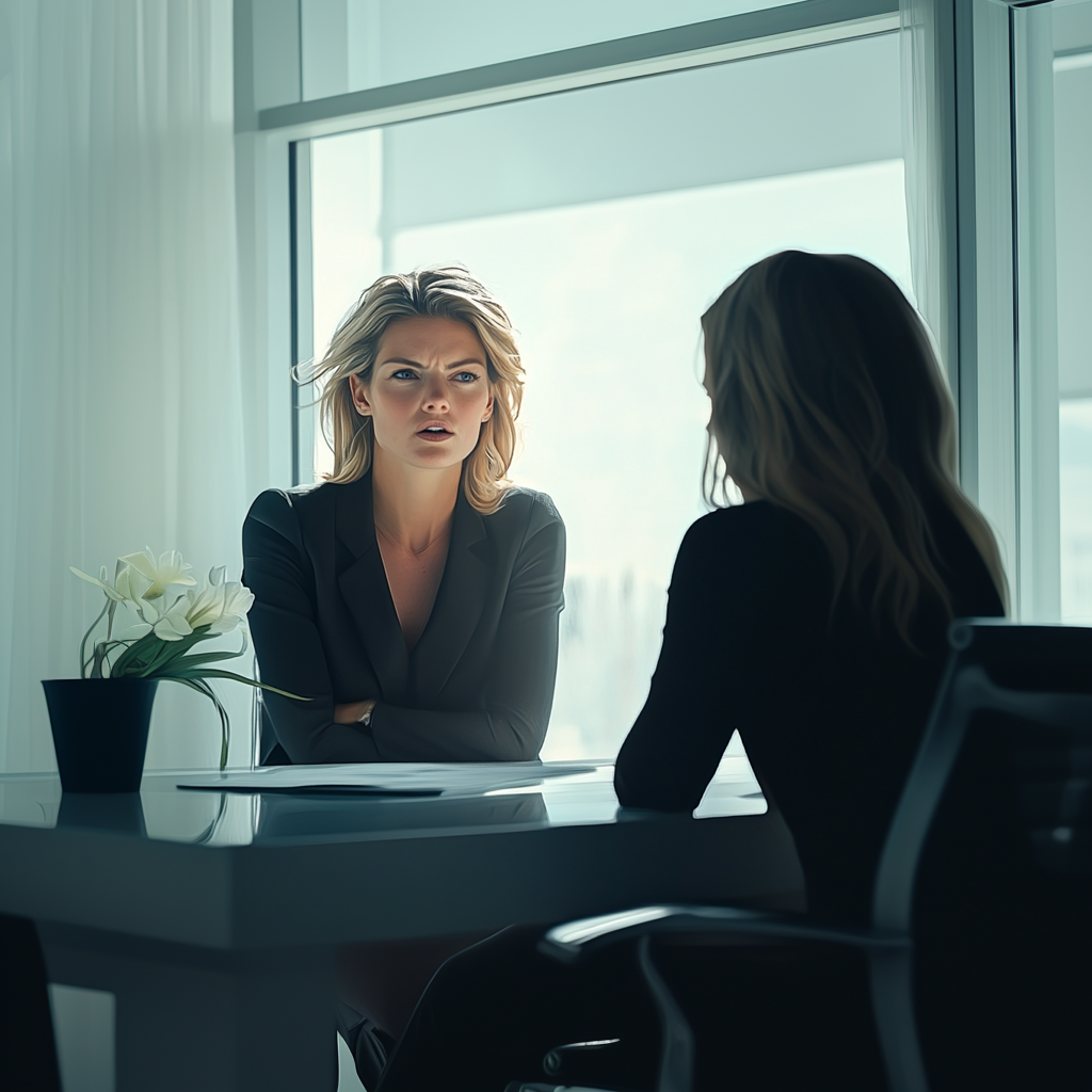Two women in a meeting with intense atmosphere.