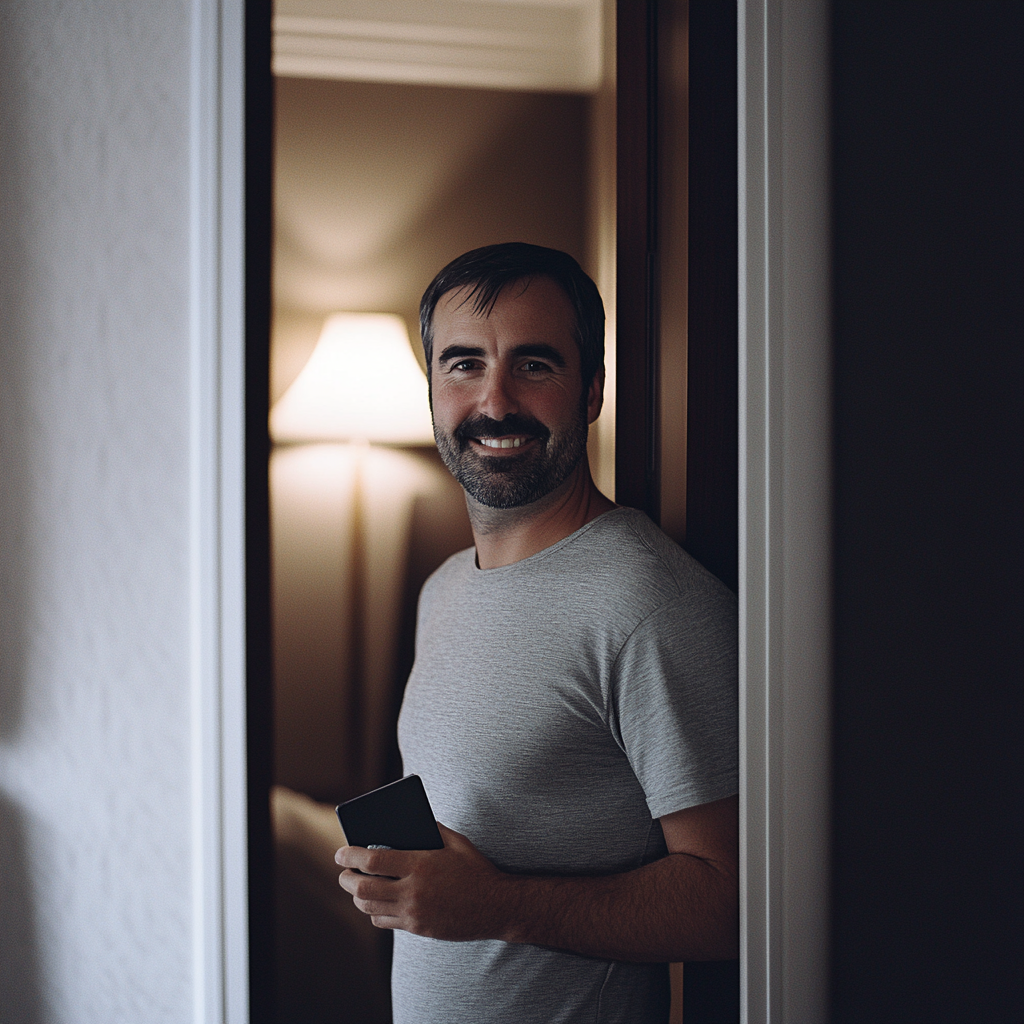 A man smiling, holding a smartphone while standing by a doorframe.