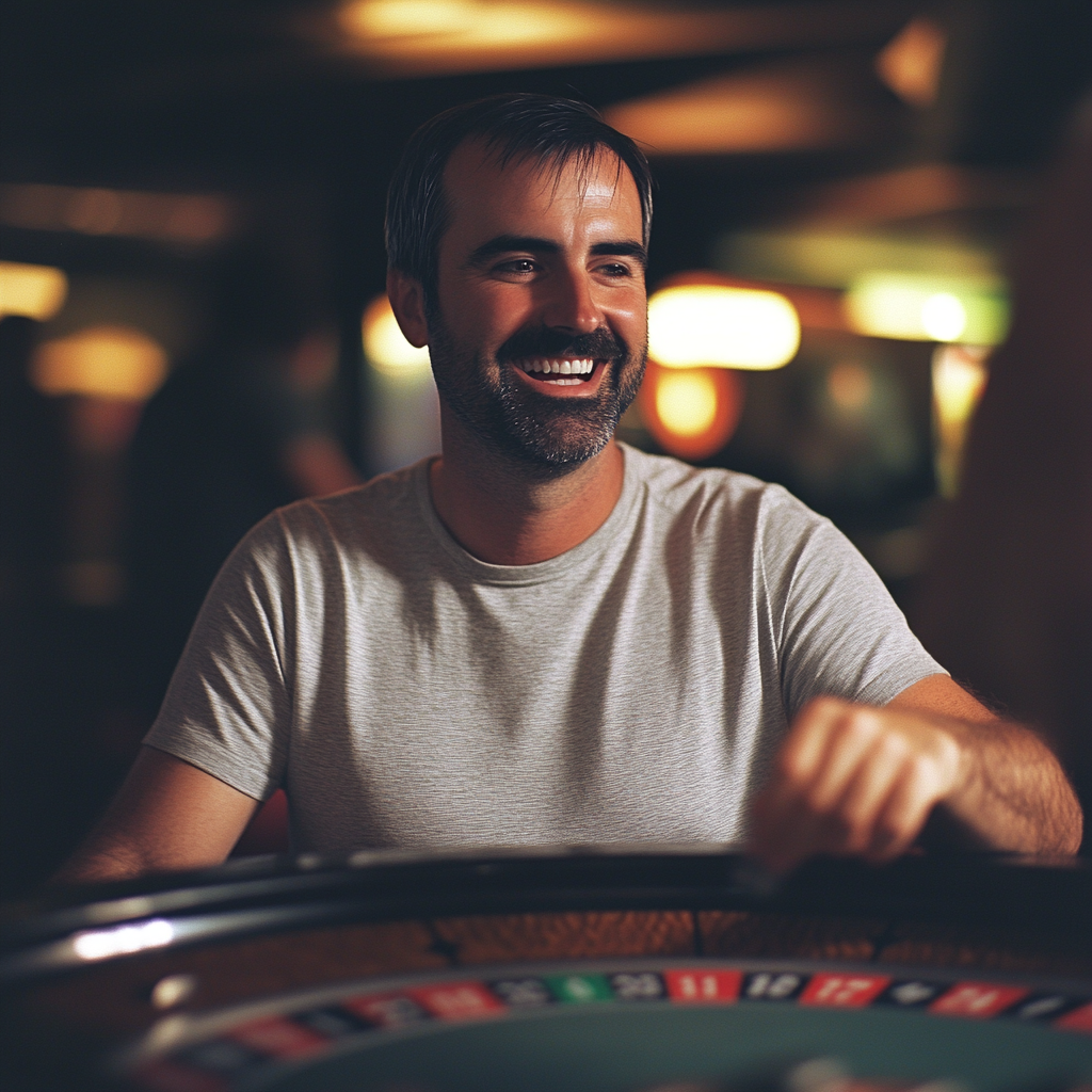 A smiling man sitting at a roulette table in a dimly lit casino.