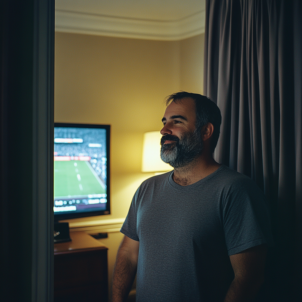 A man standing by the door with a TV in the background showing a sports game.