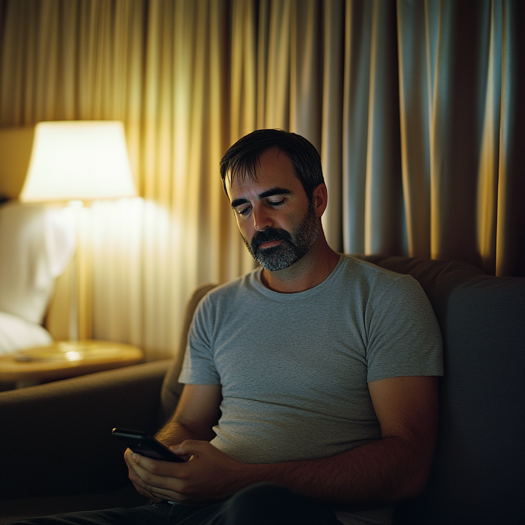 A man sitting on a couch, looking down at his phone.