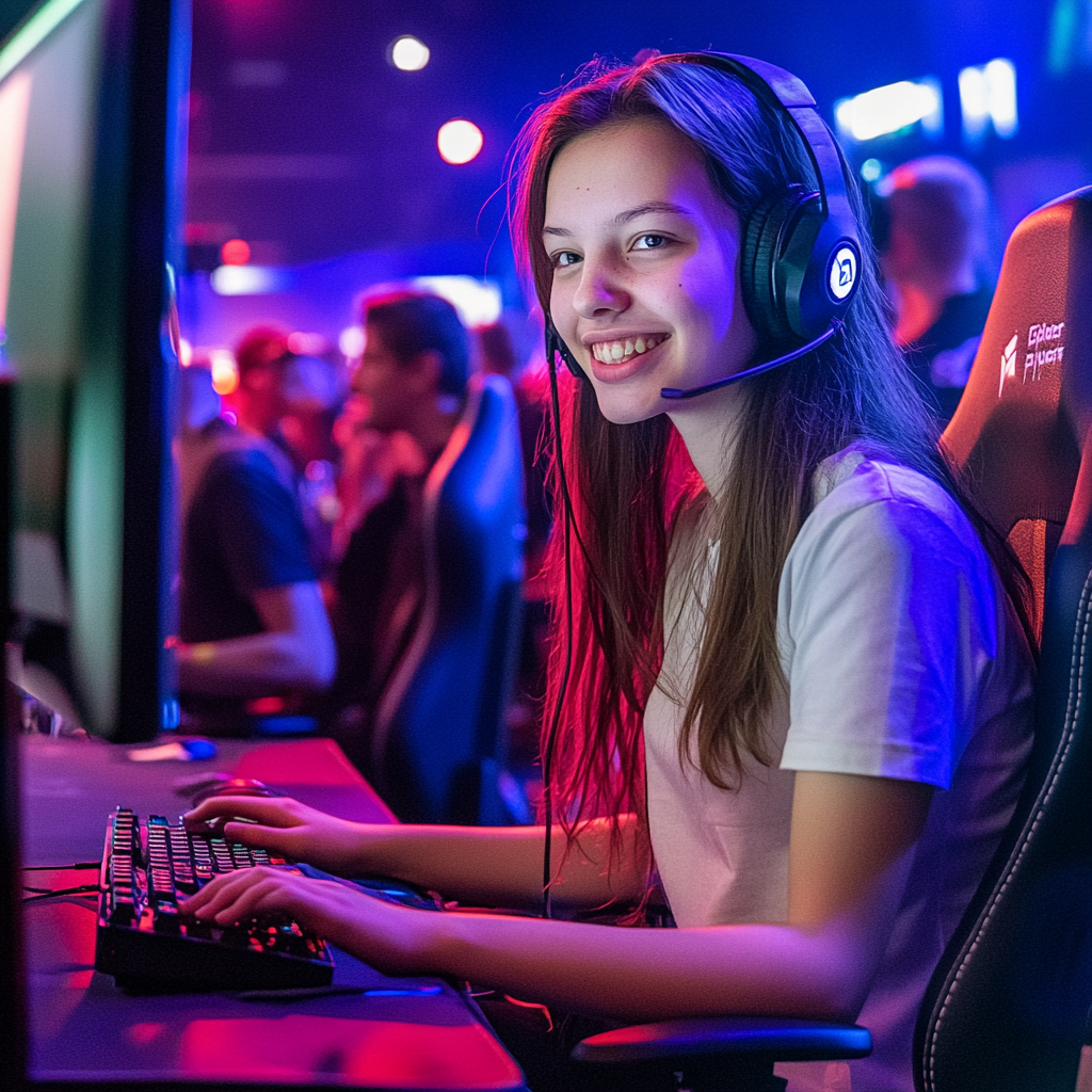 A woman smiling after winning a game.