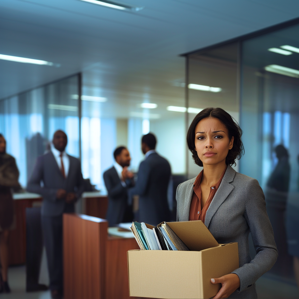 A woman carrying a box and leaving the office.
