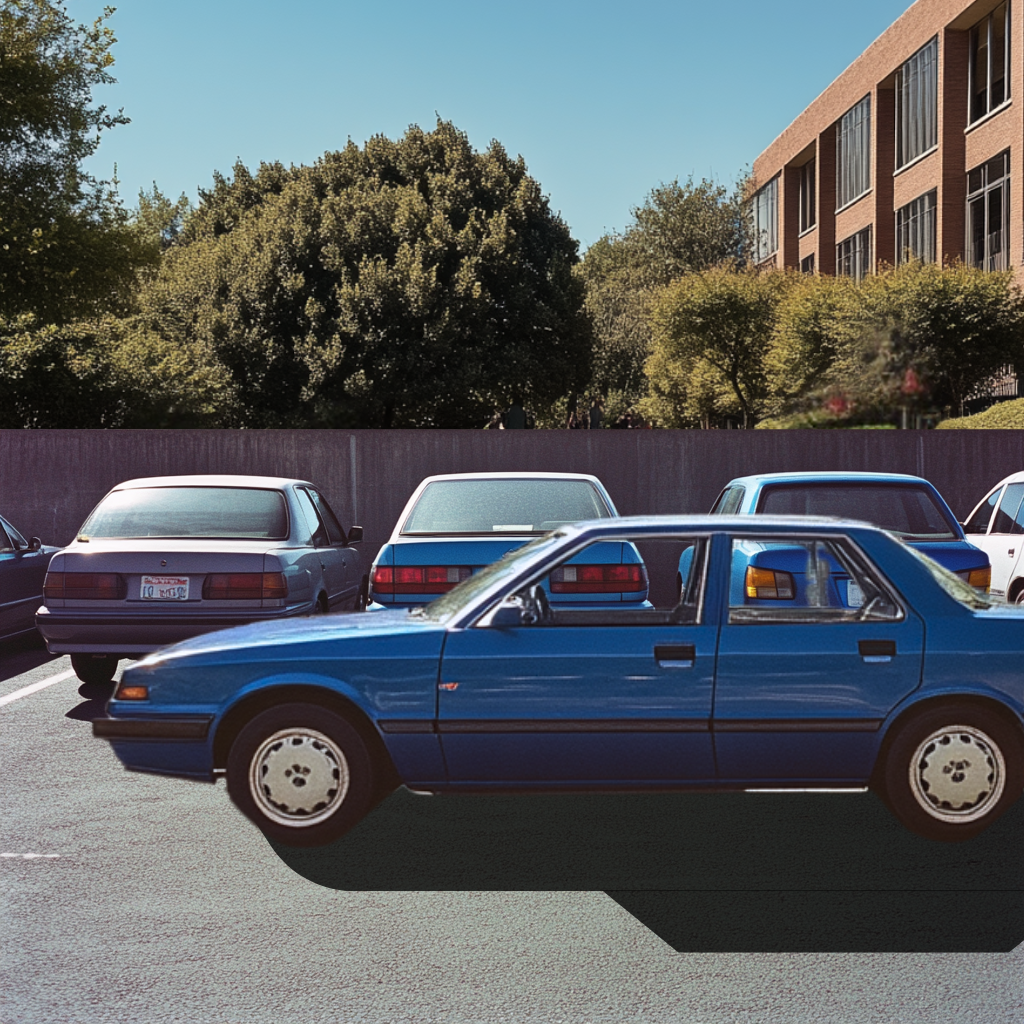 Three old cars parked closely in a parking lot with a blue car parked perpendicularly to them.