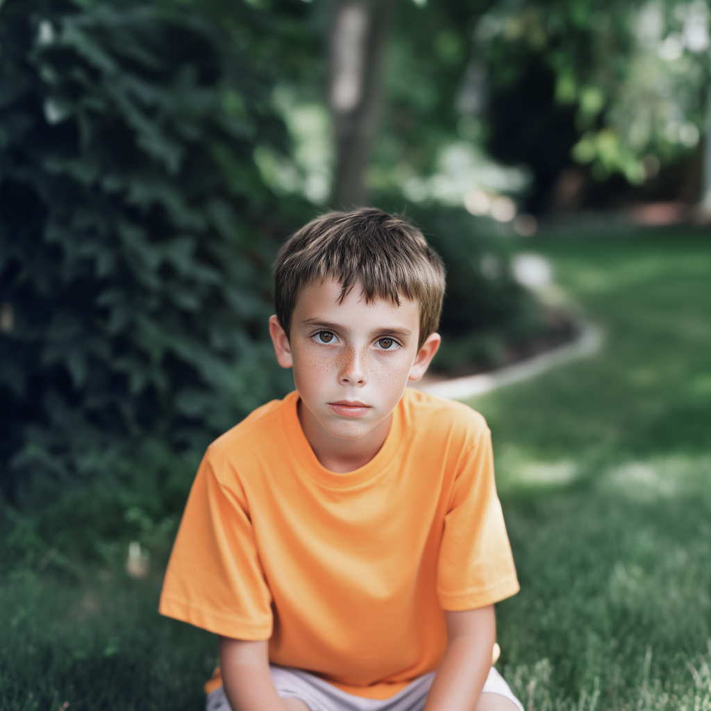 Boy with brown hair in an orange shirt sitting on grass.