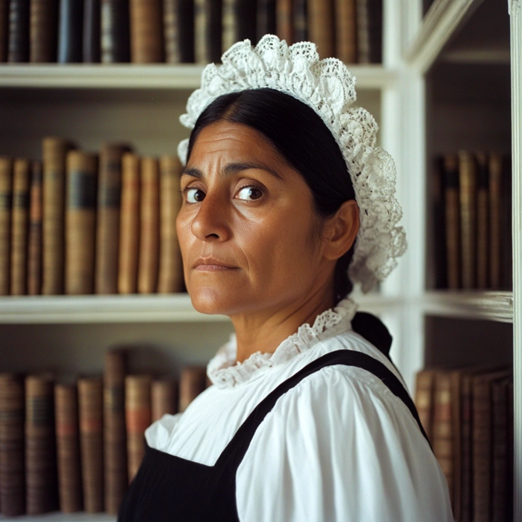 A housekeeper standing in front of bookshelves.