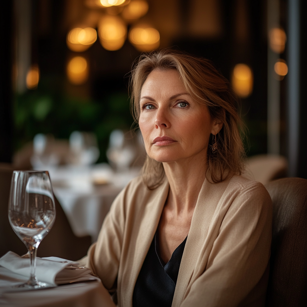 A middle-aged woman sitting with a wine glass in front of her.