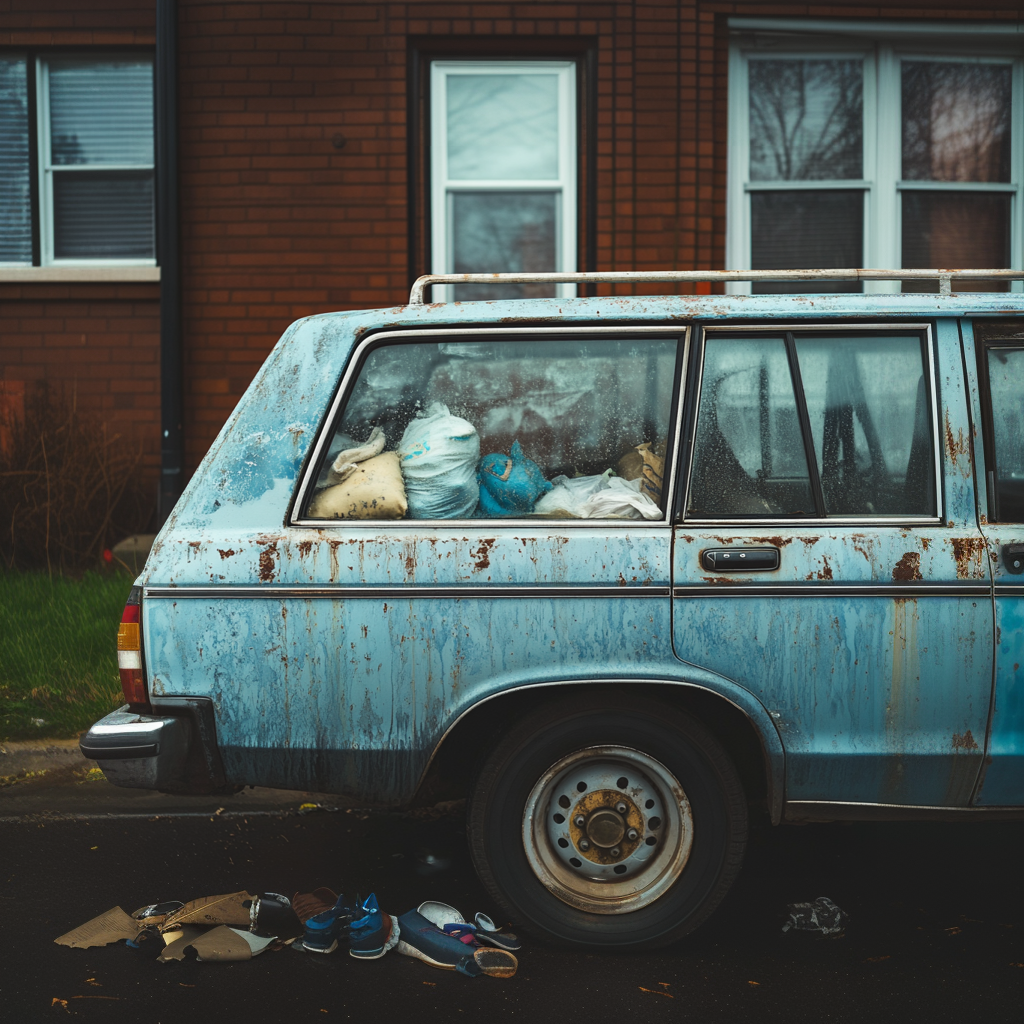 The rear end of an old and dirty car filled with stuff inside.