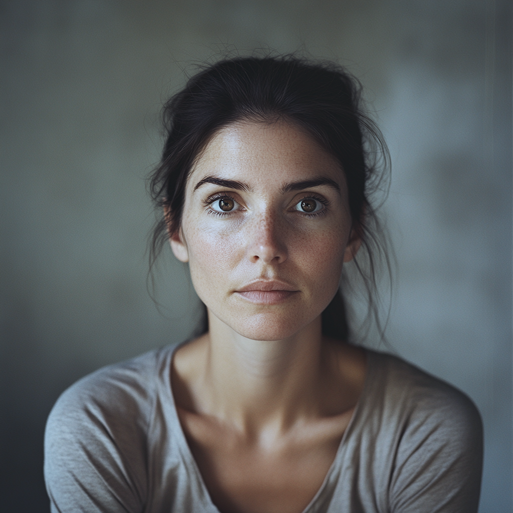 A woman with dark hair pulled back, looking at the camera.