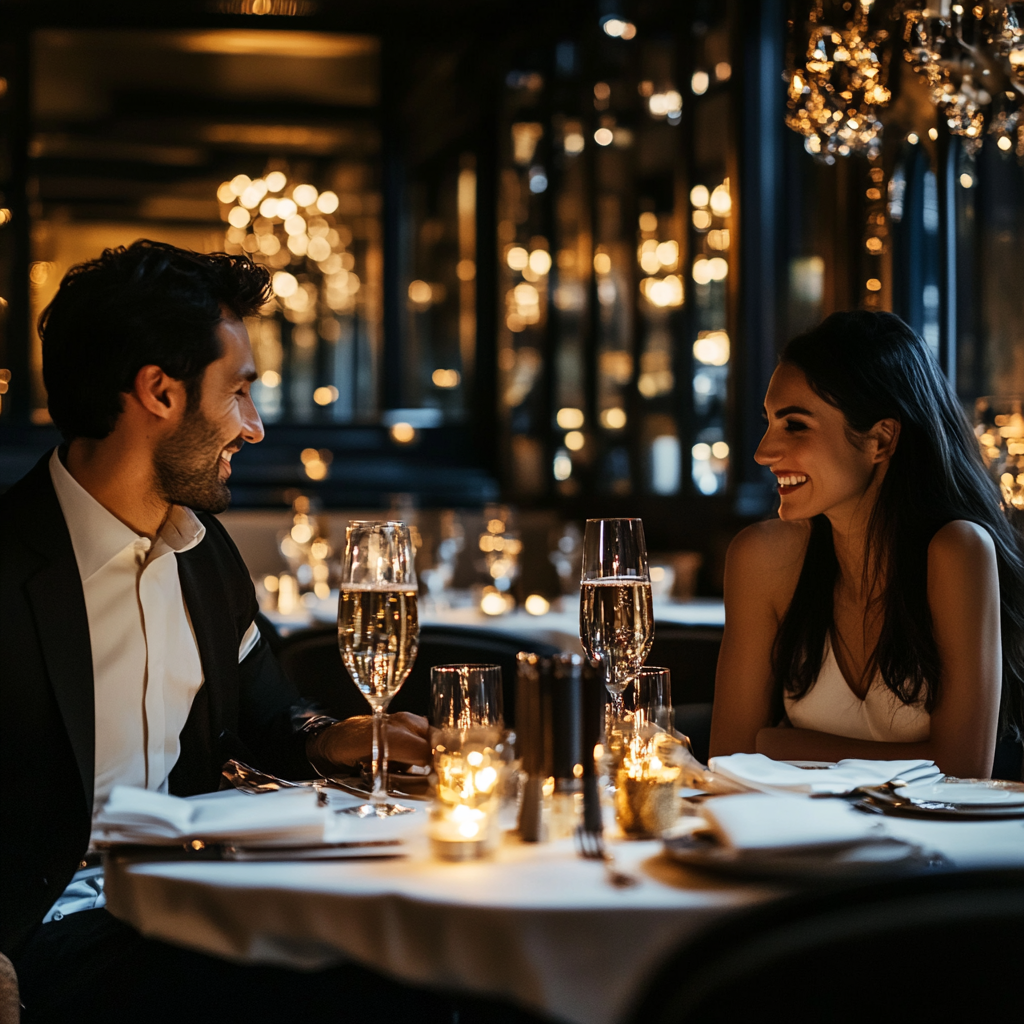 A man and a woman sitting at a candlelit table inside a fancy restaurant.