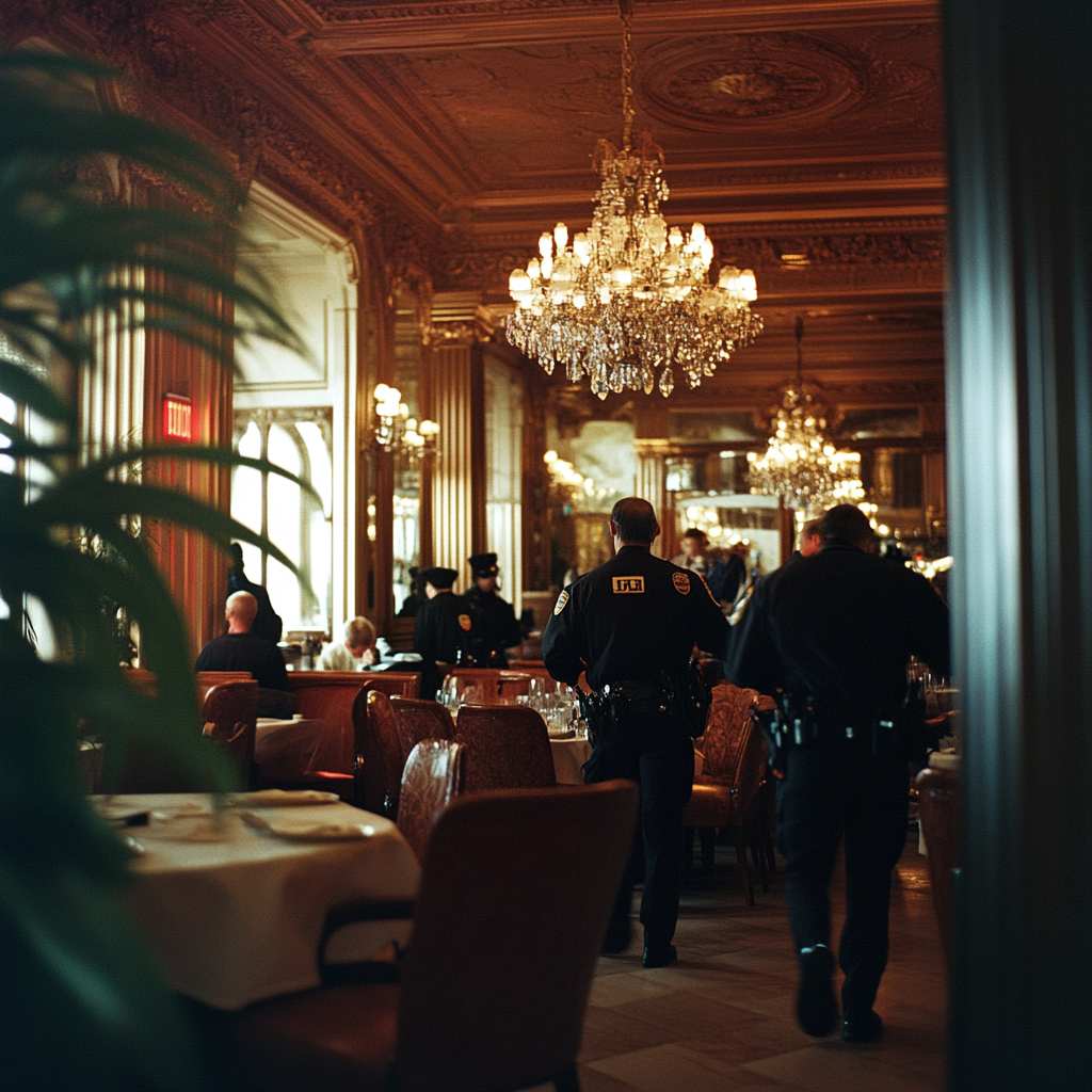 Federal agents inside a fancy restaurant.
