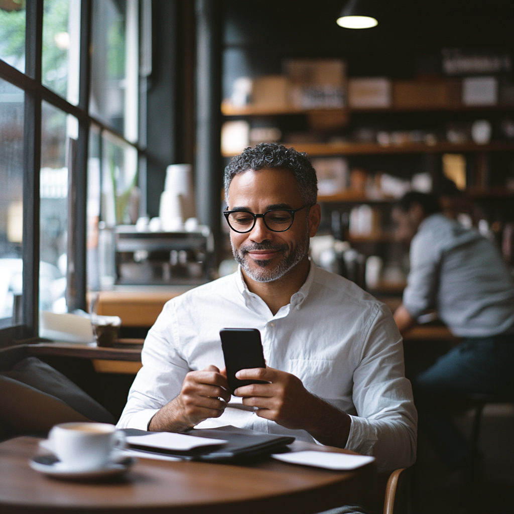 A man sitting inside a cafe looking at his phone while smiling.