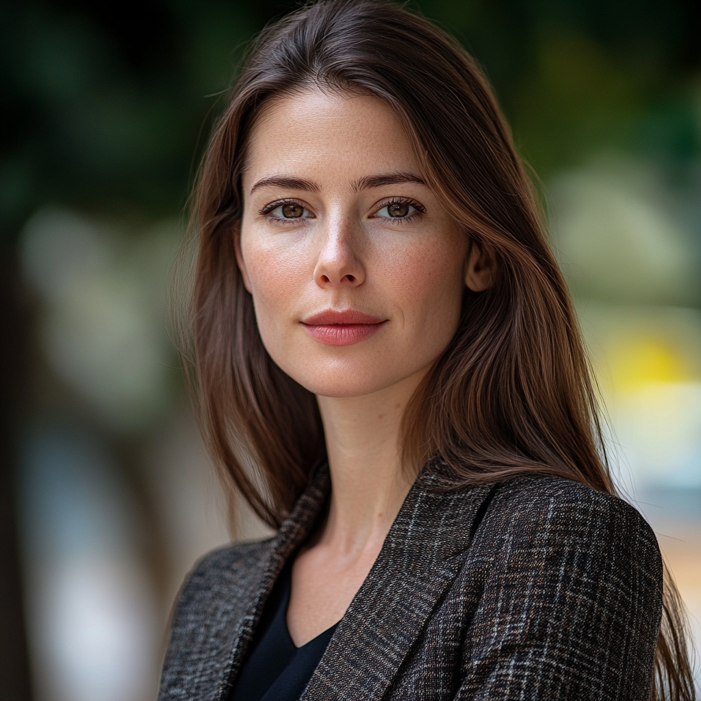 A woman with long dark brown hair wearing business attire.