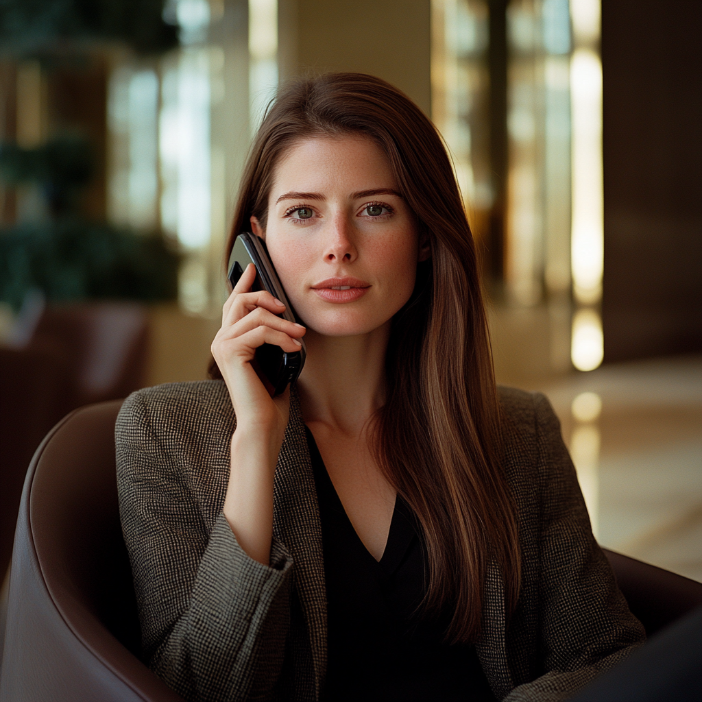 A woman wearing business attire talking to someone over her mobile phone.