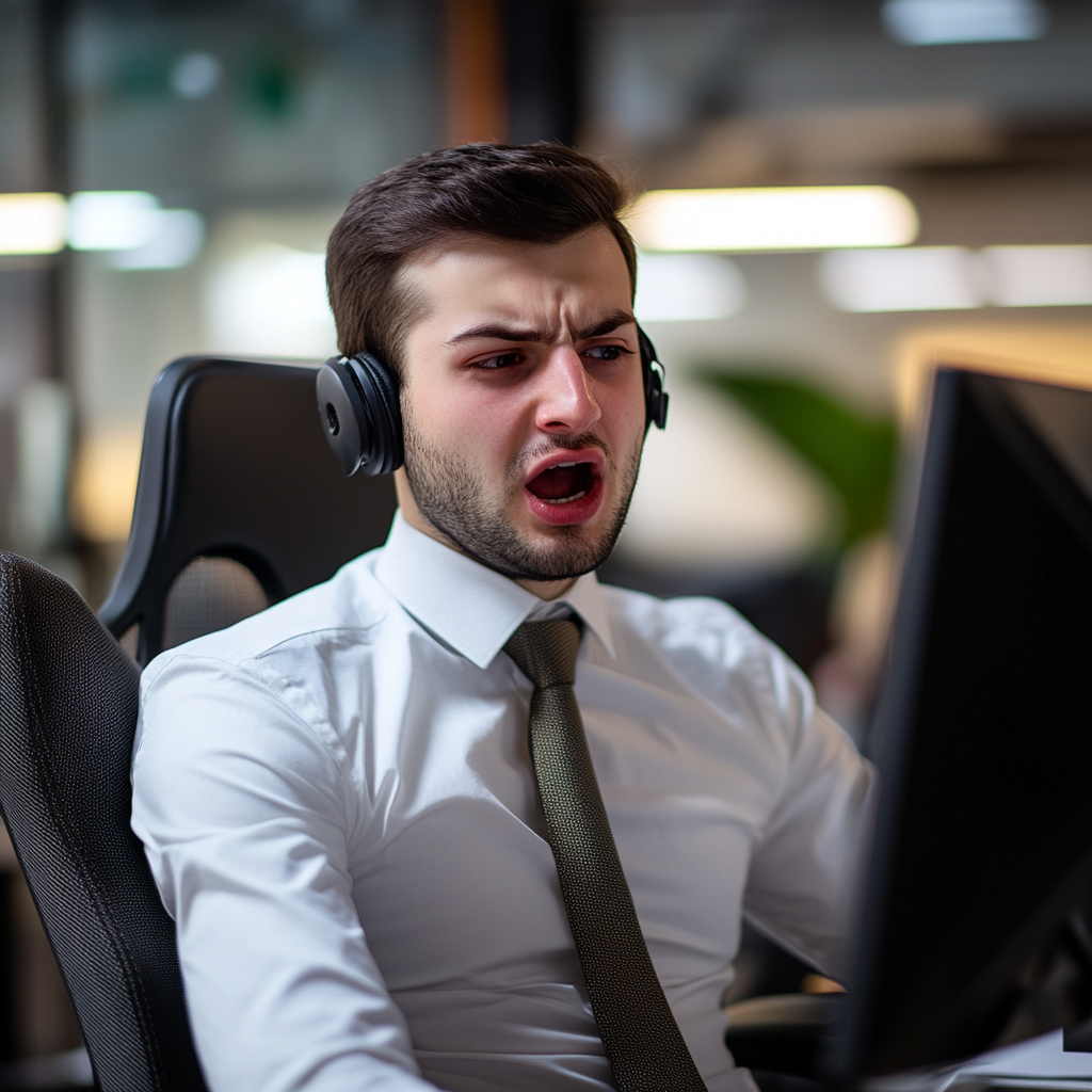 A man wearing a shirt and tie with headphones on talking angrily in front of a computer.