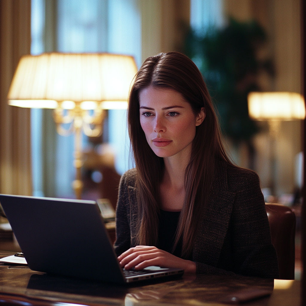 A woman typing something in her laptop.