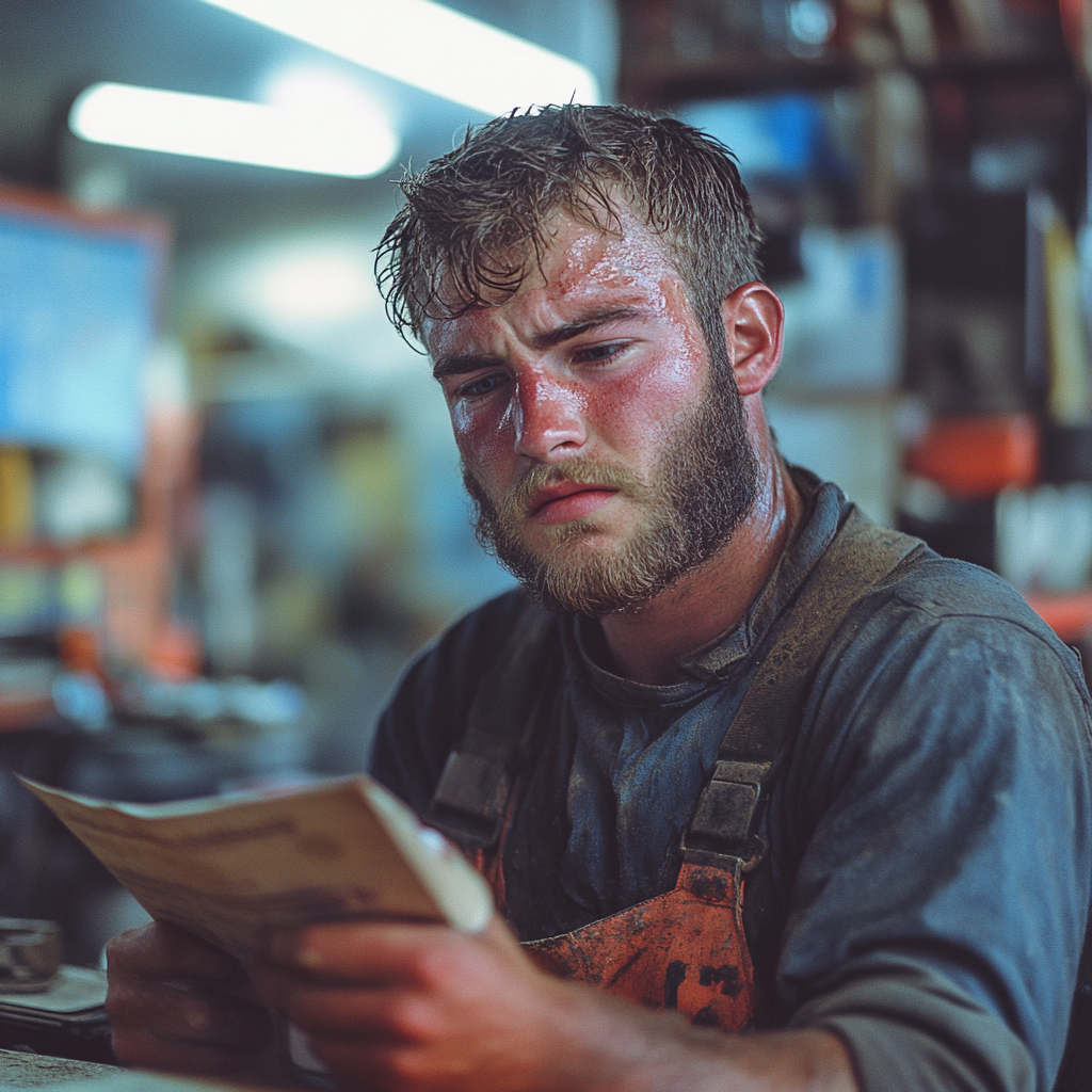 A male mechanic wearing dirty overalls looking at a letter with a confused expression.