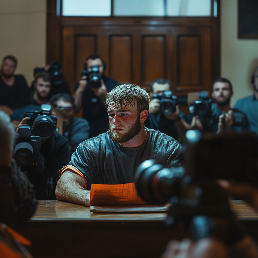 Man inside a courtroom surrounded by several members of the press with cameras.
