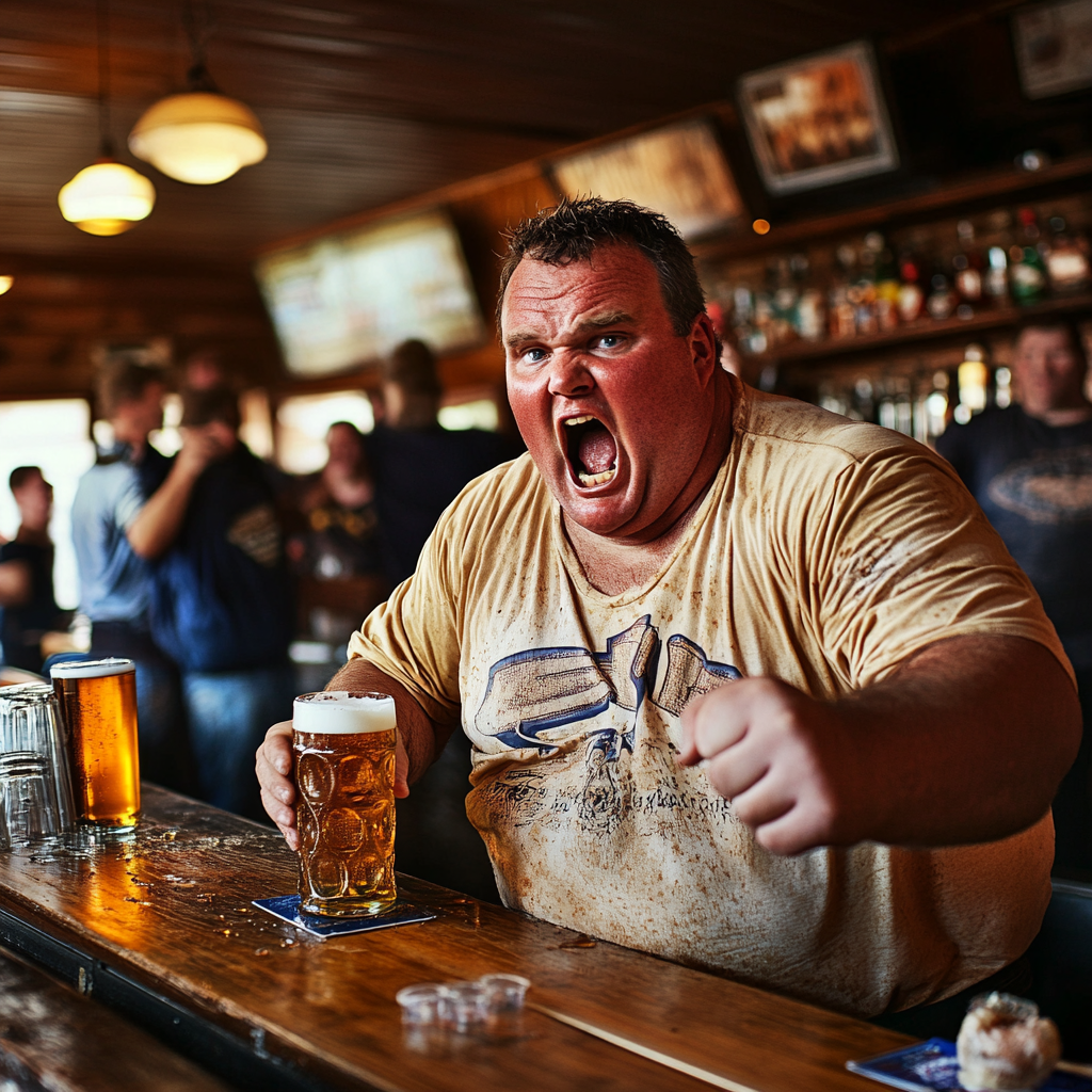 An overweight guy yelling in a bar while holding a pint of beer.