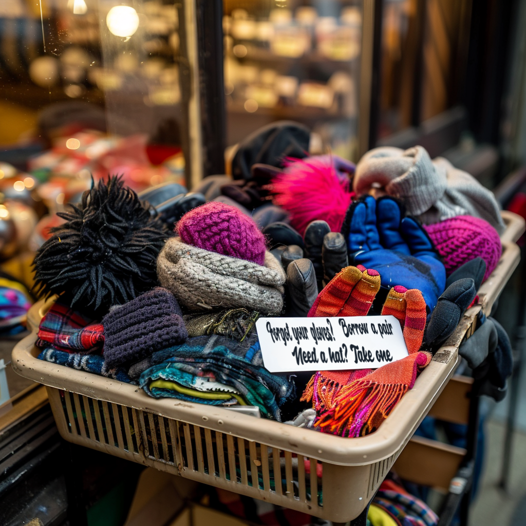 Winter gloves and hats in a box with a sign that reads, "Forgot gloves? Borrow a pair. Need a hat? Take one."