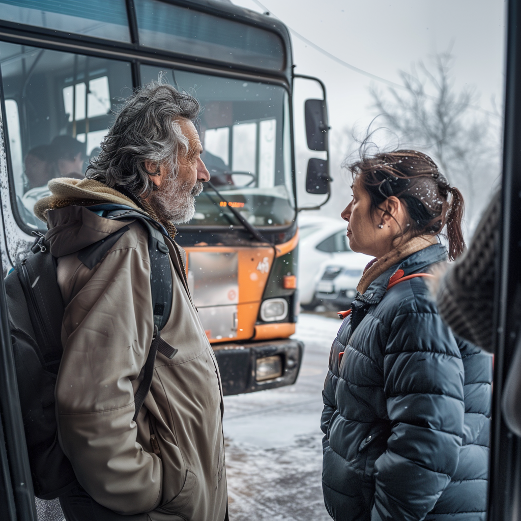 An old man conversing with a younger woman in front a school bus one winter morning.