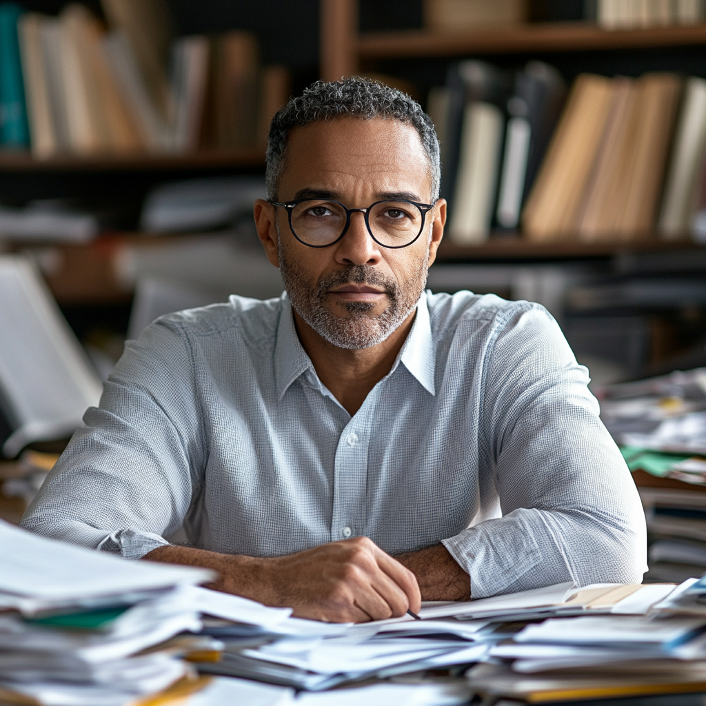 Middle-aged guy wearing eyeglasses and a long-sleeved shirt sitting in front of a table filled with stacks of paper and a shelf of files on the background.